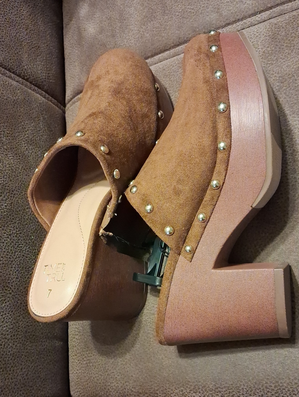Time and Tru Brown Faux Suede Studded Platform Mules Size 7